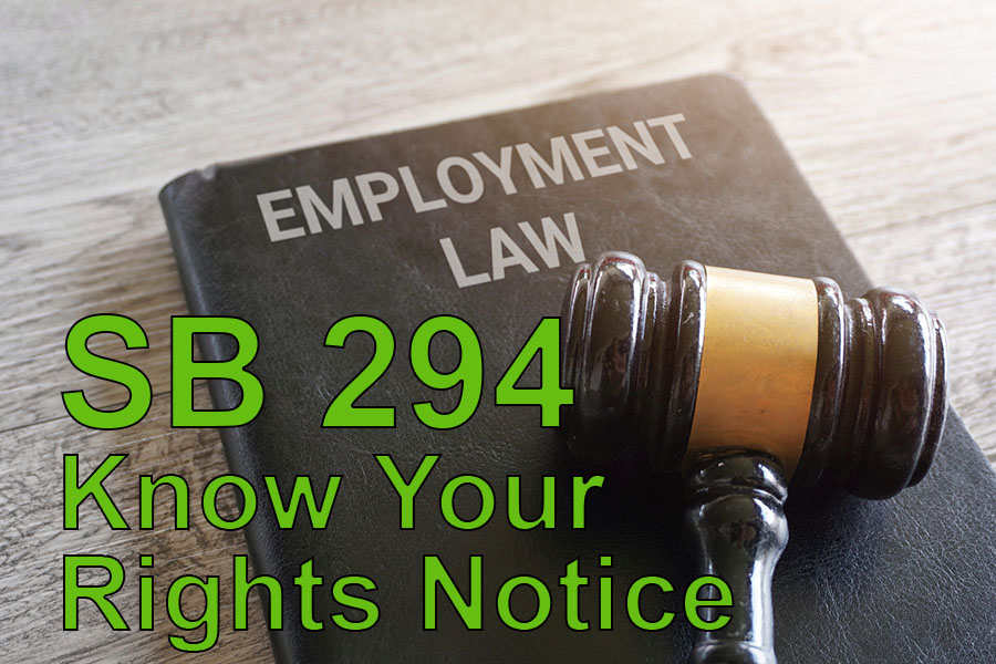 SB 294 Know Your Rights Notice text over employment law handbook with gavel