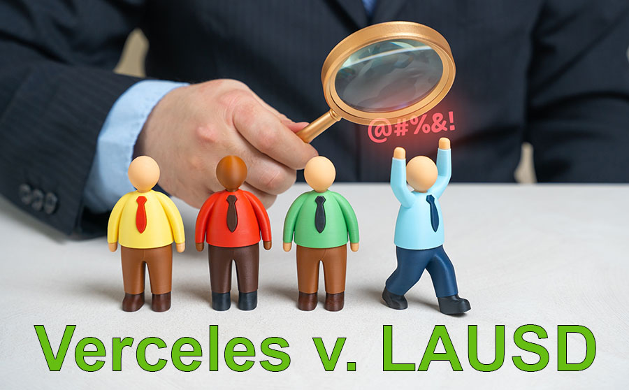 Verceles v. LAUSD text over background showing magnifying glass on row of employees