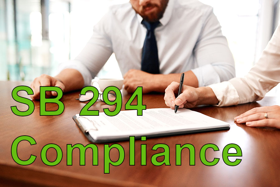 SB 294 compliance over background of employee filling out emergency contact form