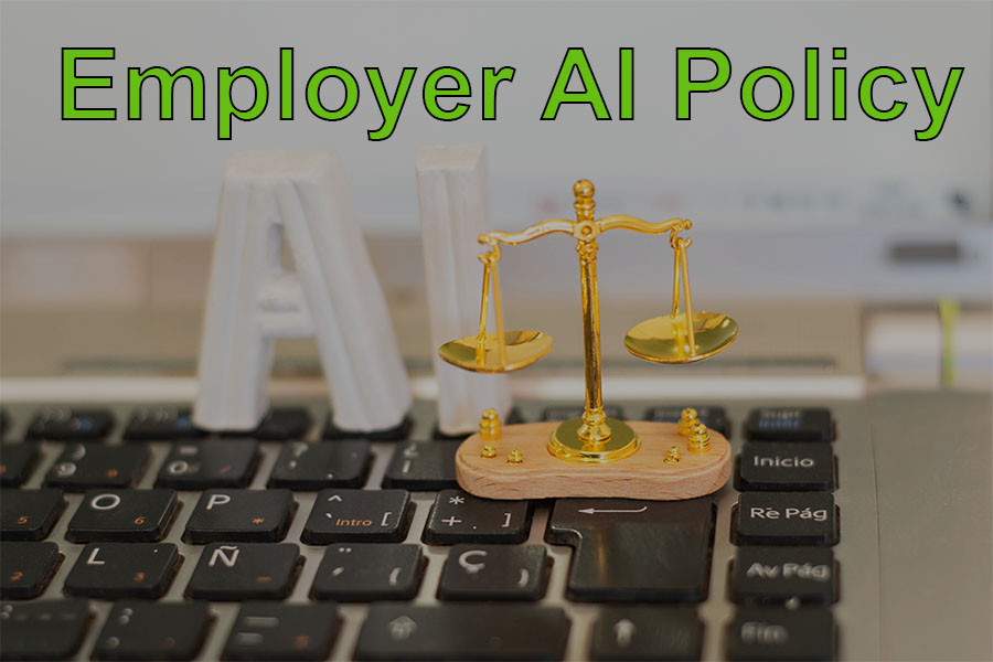 Employer AI Policy text over background with keyboard, scales, and AI lettering