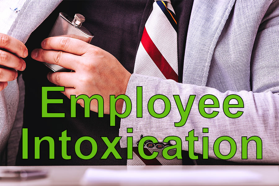 Employee intoxication text over background of suited man putting alcohol flask in his jacket