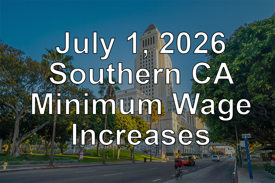 Minimum wage increase text over southern California city background